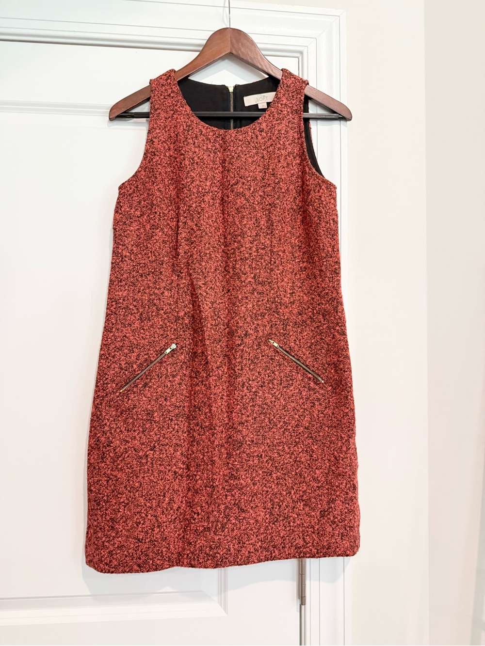 LOFT Orange Tweed Sleeveless Shift Dress with Zip Pockets